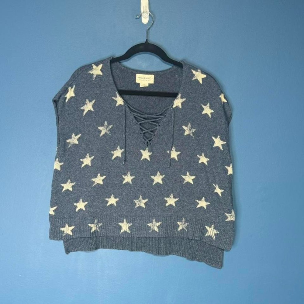 Ralph Lauren Denim & Supply Blouse Women's Size Small Blue Star Lace Up Sweater
